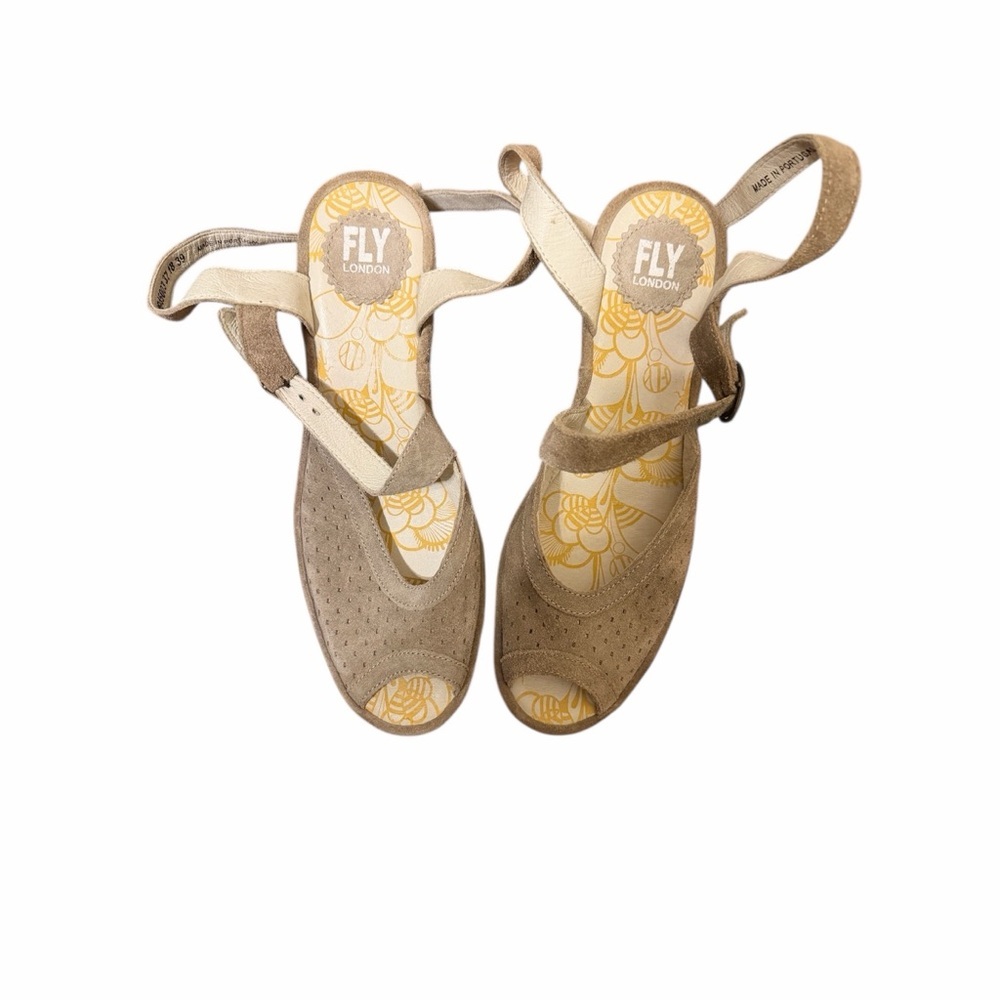 Fly London Beige and Gray Wedge Sandals - Picture 2 of 6